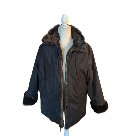 Vtg Atelier reversible plush black faux fur/cloth Old Money warm zip jacket sz S - Picture 4 of 10